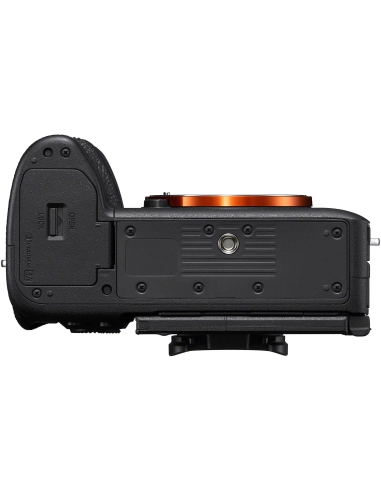 Vista lateral de la Sony a7R VI, con diseño ergonómico y montura E, ideal para fotografía profesional