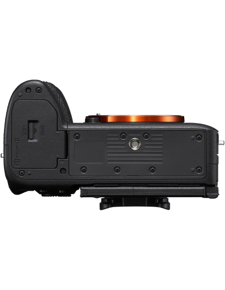 Vista lateral de la Sony a7R VI, con diseño ergonómico y montura E, ideal para fotografía profesional