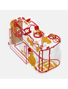 Vista interna del Sony a7R VI con diagramas de componentes y conexiones en color amarillo y rojo Vista interna del Sony a7R VI con diagramas de componentes y conexiones en color amarillo y rojo