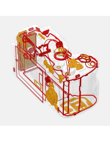 Vista interna del Sony a7R VI con diagramas de componentes y conexiones en color amarillo y rojo