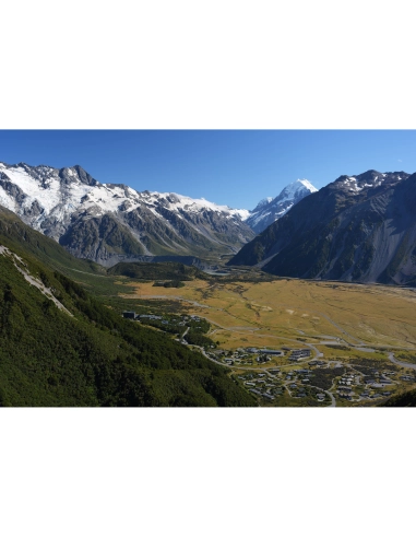 paisaje montañoso con un valle verde y montañas nevadas, capturado con Sony a7R VI