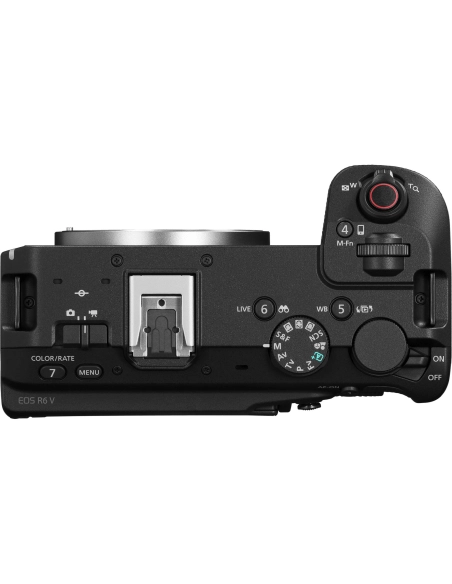Canon EOS R6 V mirrorless camera body top view showing controls and RF mount