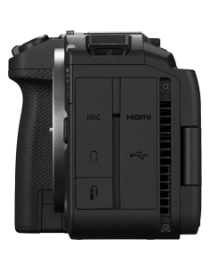 Side view of Canon EOS R6 V body showing connectivity ports and grip texture Side view of Canon EOS R6 V body showing connectivity ports and grip texture