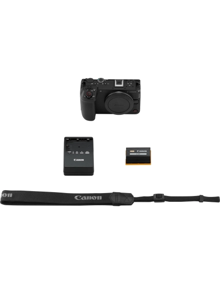 Canon EOS R6 V body with RF mount, battery, charger, and strap visible from the back