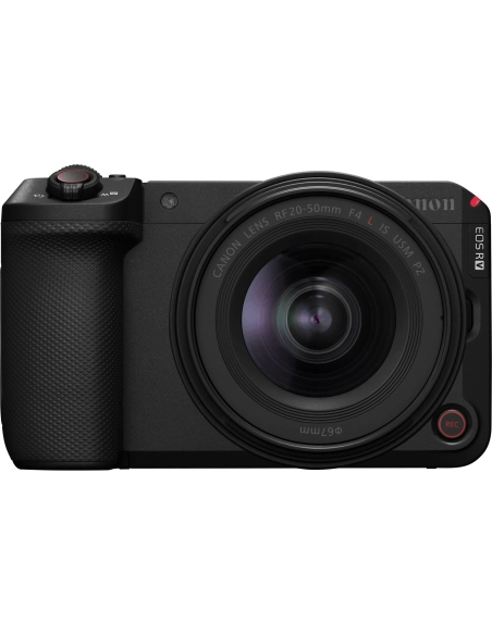 Canon EOS R6 V front view with RF 20-50mm f/4 L IS USM PZ lens, showcasing lens details and controls