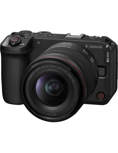 Canon EOS R6 V mirrorless camera with RF 20-50mm f/4 L IS USM PZ lens, top view showcasing controls and lens features