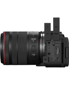Canon EOS R6 V with RF 20-50mm lens showing side ports and controls Canon EOS R6 V with RF 20-50mm lens showing side ports and controls