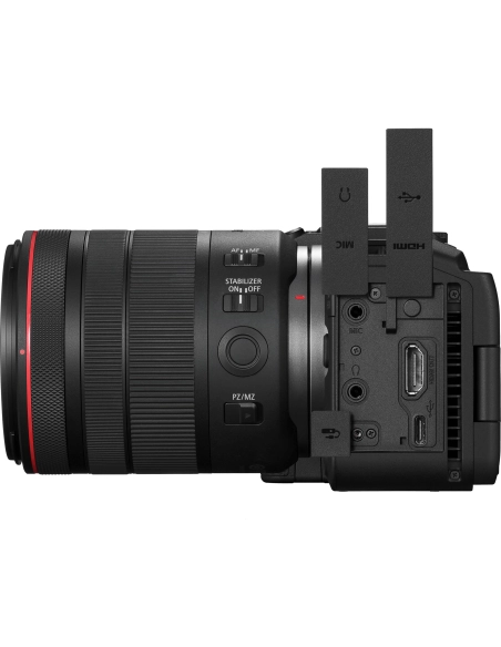 Canon EOS R6 V with RF 20-50mm lens showing side ports and controls
