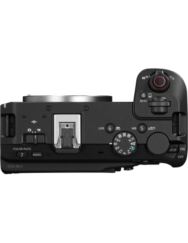 Top view of Canon EOS R6 V mirrorless camera with RF 20-50mm f/4 L IS USM PZ lens, showing controls and dials