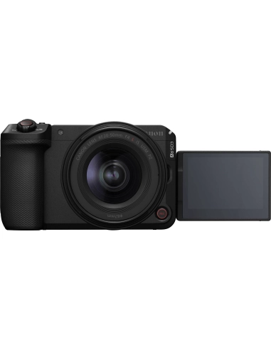Canon EOS R6 V with RF 20-50mm f/4 L IS USM PZ, front view, adjustable screen visible