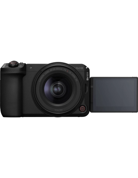 Canon EOS R6 V with RF 20-50mm f/4 L IS USM PZ, front view, adjustable screen visible