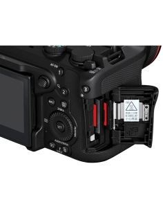 Canon EOS R6 V full-frame mirrorless camera with RF mount, showcasing battery and card slots Canon EOS R6 V full-frame mirrorless camera with RF mount, showcasing battery and card slots