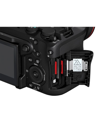 Canon EOS R6 V full-frame mirrorless camera with RF mount, showcasing battery and card slots