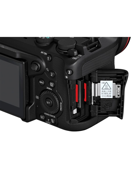 Canon EOS R6 V full-frame mirrorless camera with RF mount, showcasing battery and card slots