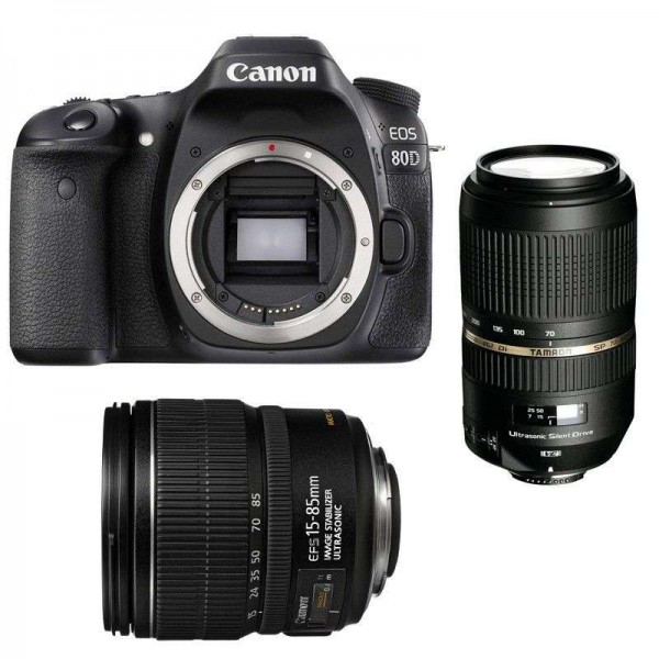 Appareil photo Reflex Canon 80D + EF-S 15-85 mm F3.5-5.6 IS USM + Tamron SP AF 70-300 mm F4-5.6 Di VC USD-3