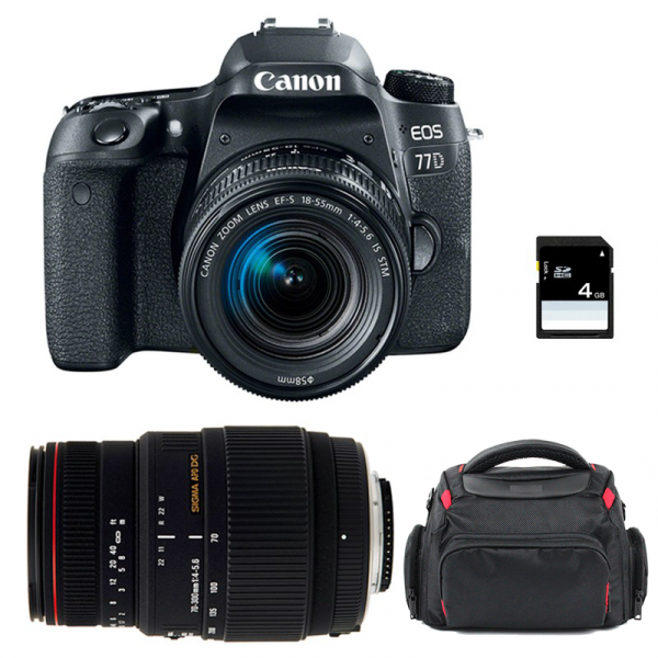 Cámara Canon 77D + EF-S 18-55mm f/4-5.6 IS STM + Sigma 70-300 f/4-5,6 APO DG MACRO + Bolsa + SD 4 Go-1
