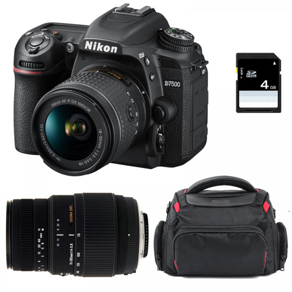 Appareil photo Reflex Nikon D7500 + AF-P DX 18-55 mm F3.5-5.6G VR + Sigma 70-300 mm F4-5,6 DG Macro + Sac + SD 4Go-1