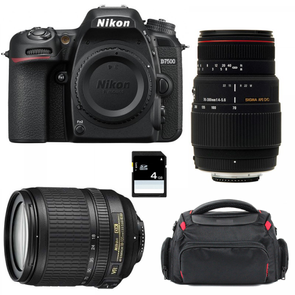 Appareil photo Reflex Nikon D7500 + AF-S DX 18-105 mm F3.5-5.6G ED VR + Sigma 70-300 mm F4-5,6 DG APO Macro + Sac + SD 4Go-1