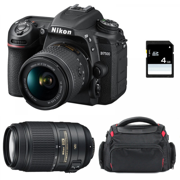 Cámara Nikon D7500 + AF-P DX 18-55mm 3.5-5.6G VR + AF-P DX 70-300 mm f/4.5-6.3 G ED VR + Bolsa + SD 4Go-3