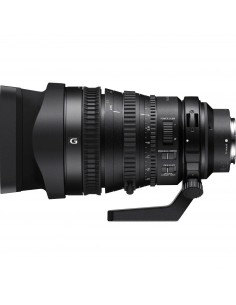 Objectif Sony SEL FE PZ 28-135 mm F4 G OSS à monture E, vue latérale, zoom et mise au point manuelle visibles Objectif Sony SEL FE PZ 28-135 mm F4 G OSS à monture E, vue latérale, zoom et mise au point manuelle visibles