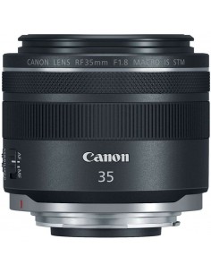 Canon RF 35mm f/1.8 Macro IS STM lens with RF mount, showing focus and aperture controls Canon RF 35mm f/1.8 Macro IS STM lens with RF mount, showing focus and aperture controls