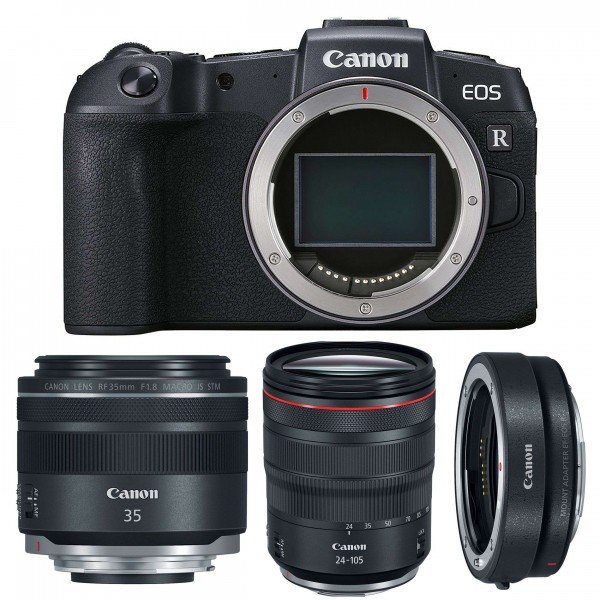 Cámara mirrorless Canon RP + RF 24-105mm f/4L IS USM  + RF 35mm f/1.8 Macro IS STM + Canon EF R-5