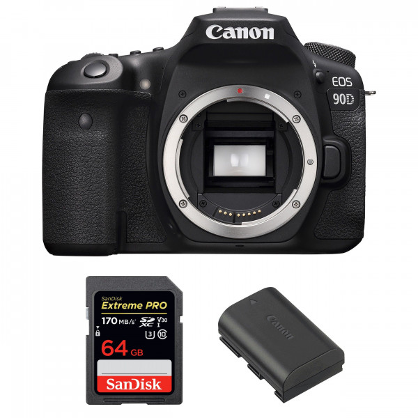 Appareil photo Reflex Canon 90D Nu + SanDisk 64GB Extreme PRO UHS-I SDXC 170 MB/s + Canon LP-E6N-1