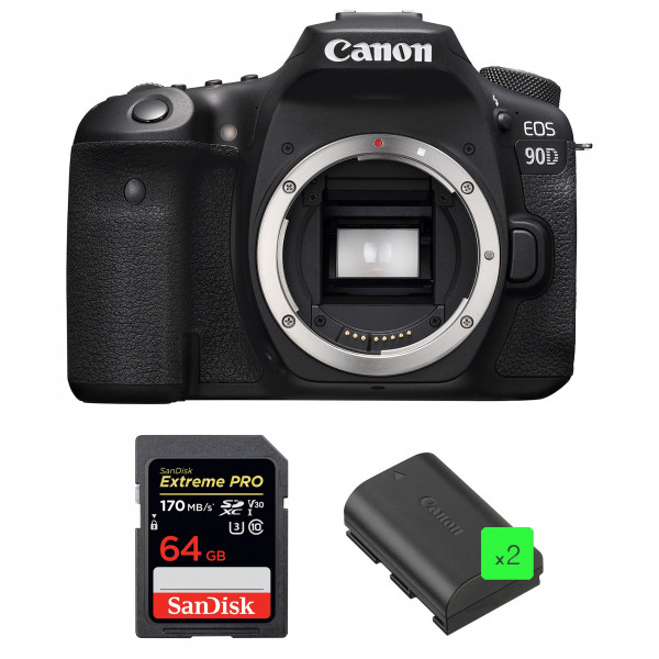 Cámara Canon 90D Cuerpo + SanDisk 64GB Extreme PRO UHS-I SDXC 170 MB/s + 2 Canon LP-E6N-1