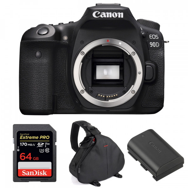 Appareil photo Reflex Canon 90D Nu + SanDisk 64GB Extreme PRO UHS-I SDXC 170 MB/s + Canon LP-E6N + Sac-1
