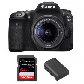 Appareil photo Reflex Canon 90D + 18-55mm F3.5-5.6 EF-S IS STM + SanDisk 64GB Extreme PRO UHS-I SDXC 170 MB/s + Canon LP-E6N-1