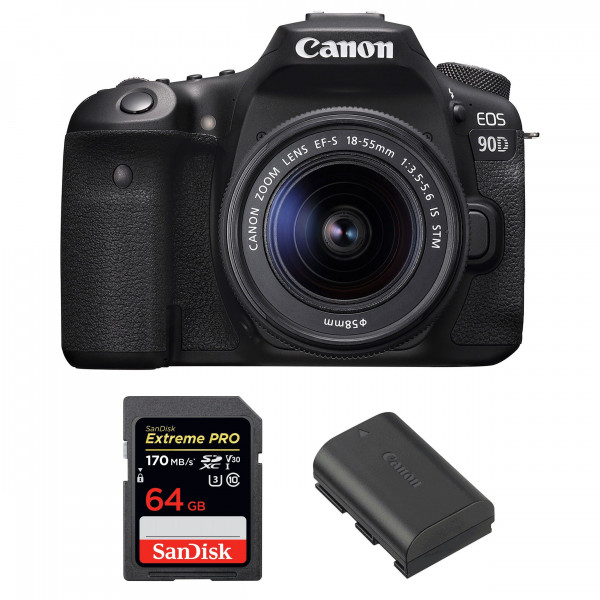 Cámara Canon 90D + 18-55mm F/3.5-5.6 EF-S IS STM + SanDisk 64GB Extreme PRO UHS-I SDXC 170 MB/s + Canon LP-E6N-1