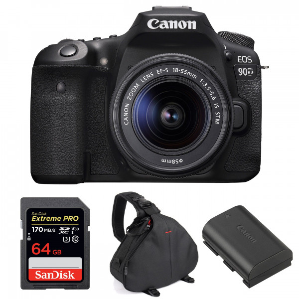 Appareil photo Reflex Canon 90D + 18-55mm IS STM + SanDisk 64GB Extreme PRO UHS-I SDXC 170 MB/s + Canon LP-E6N + Sac-1