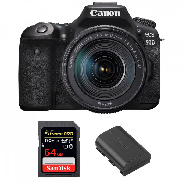 Cámara Canon 90D + 18-135mm f/3.5-5.6 IS USM + SanDisk 64GB Extreme PRO UHS-I SDXC 170 MB/s + Canon LP-E6N-1