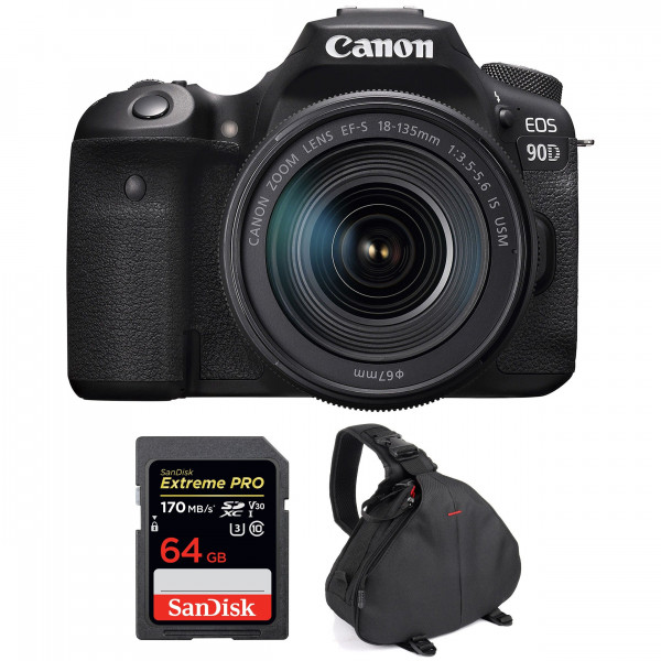 Appareil photo Reflex Canon 90D + 18-135mm F3.5-5.6 IS USM + SanDisk 64GB Extreme PRO UHS-I SDXC 170 MB/s + Sac-1