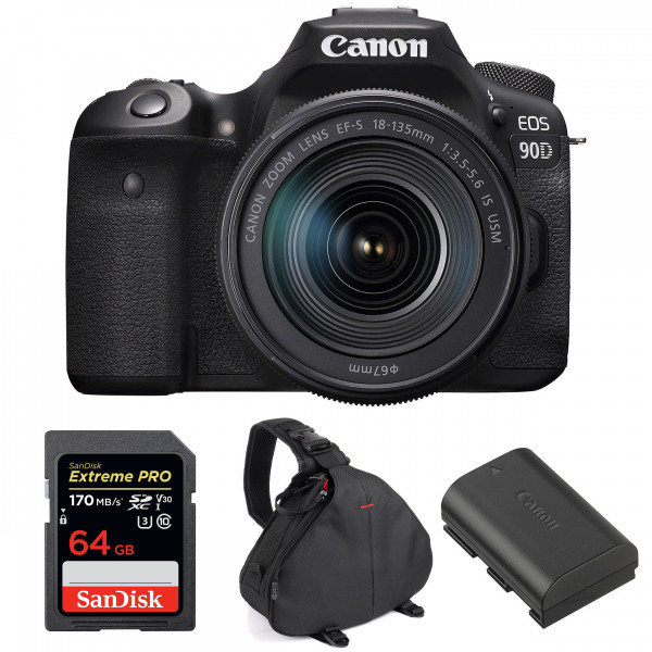 Appareil photo Reflex Canon 90D + 18-135mm F3.5-5.6 IS USM + SanDisk 64GB Extreme PRO UHS-I SDXC 170 MB/s + LP-E6N + Sac-1