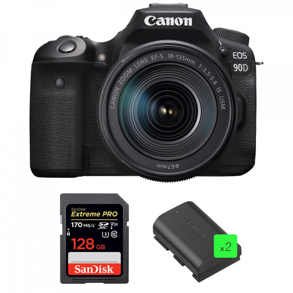 Cámara Canon 90D + 18-135mm f/3.5-5.6 IS USM + SanDisk 128GB Extreme PRO UHS-I SDXC 170 MB/s + 2 Canon LP-E6N-1