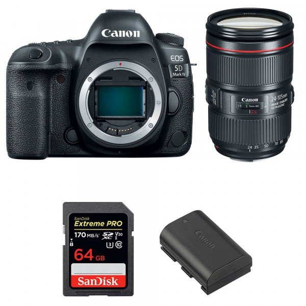 Cámara Canon 5D Mark IV + EF 24-105mm f/4L IS II USM + SanDisk 64GB Extreme PRO UHS-I SDXC 170 MB/s + LP-E6N-1