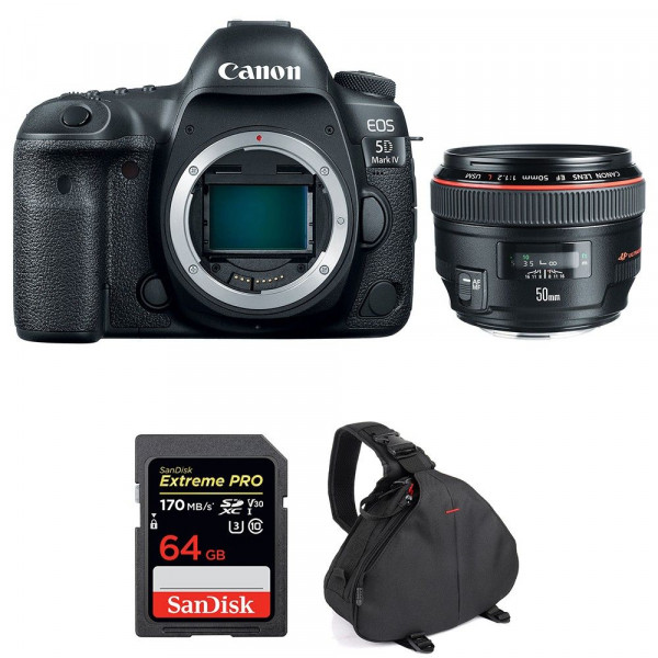 Appareil photo Reflex Canon 5D Mark IV + EF 50mm F1.2L USM + SanDisk 64GB Extreme PRO UHS-I SDXC 170 MB/s + Sac-1