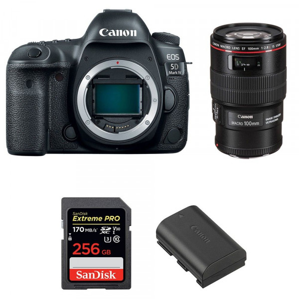 Appareil photo Reflex Canon 5D Mark IV + EF 100mm F2.8L Macro IS USM + SanDisk 256GB UHS-I SDXC 170 MB/s + LP-E6N-1