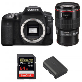 Appareil photo Reflex Canon 90D + EF 100mm F2.8L Macro IS USM + SanDisk 64GB Extreme PRO UHS-I SDXC 170 MB/s + LP-E6N-1