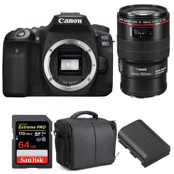 Appareil photo Reflex Canon 90D + EF 100mm F2.8L Macro IS USM + SanDisk 64GB Extreme PRO UHS-I SDXC 170 MB/s + LP-E6N + Sac-1
