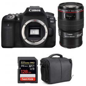 Appareil photo Reflex Canon 90D + EF 100mm F2.8L Macro IS USM + SanDisk 128GB Extreme PRO UHS-I SDXC 170 MB/s + Sac-1