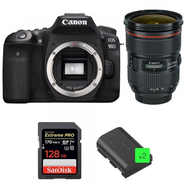 Cámara Canon 90D + EF 24-70mm f/2.8L II USM + SanDisk 128GB Extreme PRO UHS-I SDXC 170 MB/s + 2 LP-E6N-1