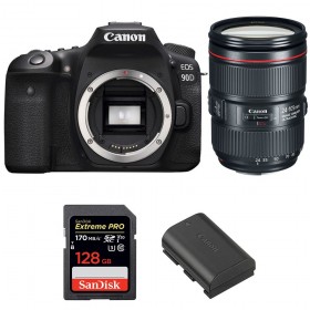 Appareil photo Reflex Canon 90D + EF 24-105mm F4L IS II USM + SanDisk 128GB Extreme PRO UHS-I SDXC 170 MB/s + LP-E6N-1
