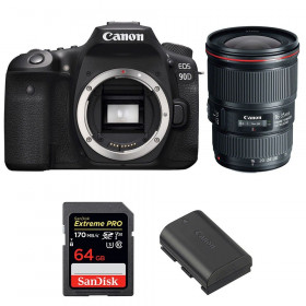 Appareil photo Reflex Canon 90D + EF 16-35mm F4L IS USM + SanDisk 64GB Extreme PRO UHS-I SDXC 170 MB/s + LP-E6N-1