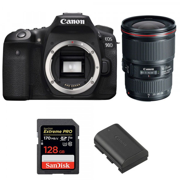 Cámara Canon 90D + EF 16-35mm f/4L IS USM + SanDisk 128GB Extreme PRO UHS-I SDXC 170 MB/s + LP-E6N-1