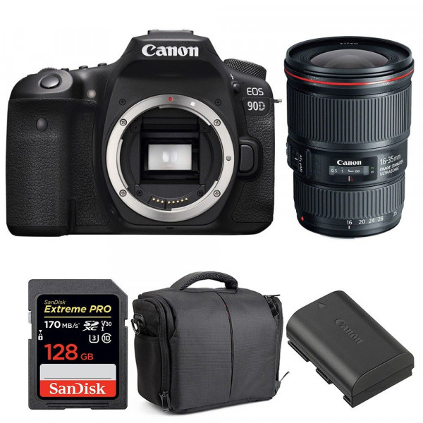 Cámara Canon 90D + EF 16-35mm f/4L IS USM + SanDisk 128GB UHS-I SDXC 170 MB/s + LP-E6N + Bolsa| 2 años de garantía-1