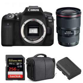 Appareil photo Reflex Canon 90D + EF 16-35mm F4L IS USM + SanDisk 256GB UHS-I SDXC 170 MB/s + LP-E6N + Sac-1