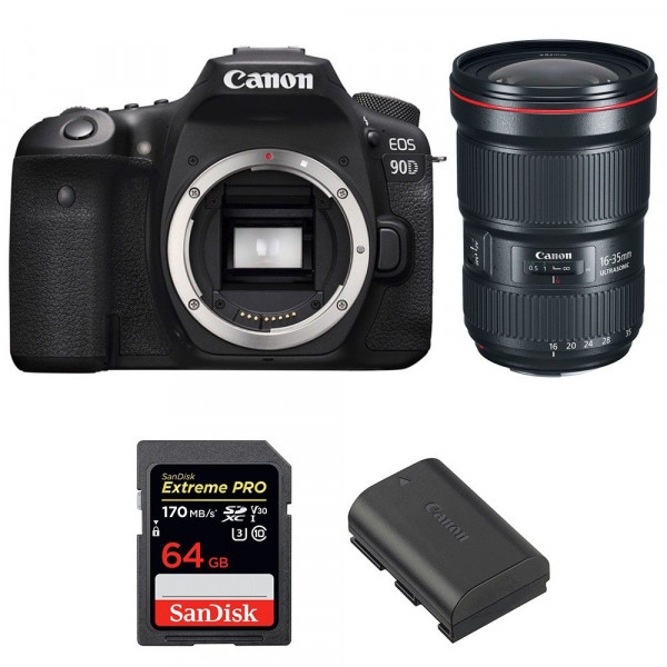 Appareil photo Reflex Canon 90D + EF 16-35mm F2.8L III USM + SanDisk 64GB Extreme PRO UHS-I SDXC 170 MB/s + LP-E6N-1