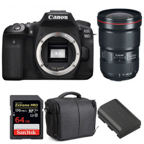 Appareil photo Reflex Canon 90D + EF 16-35mm F2.8L III USM + SanDisk 64GB UHS-I SDXC 170 MB/s + LP-E6N + Sac-1